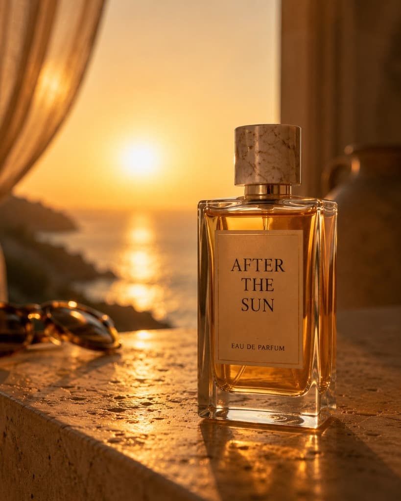 After the Sun fragrance bottle in golden Mediterranean sunset light