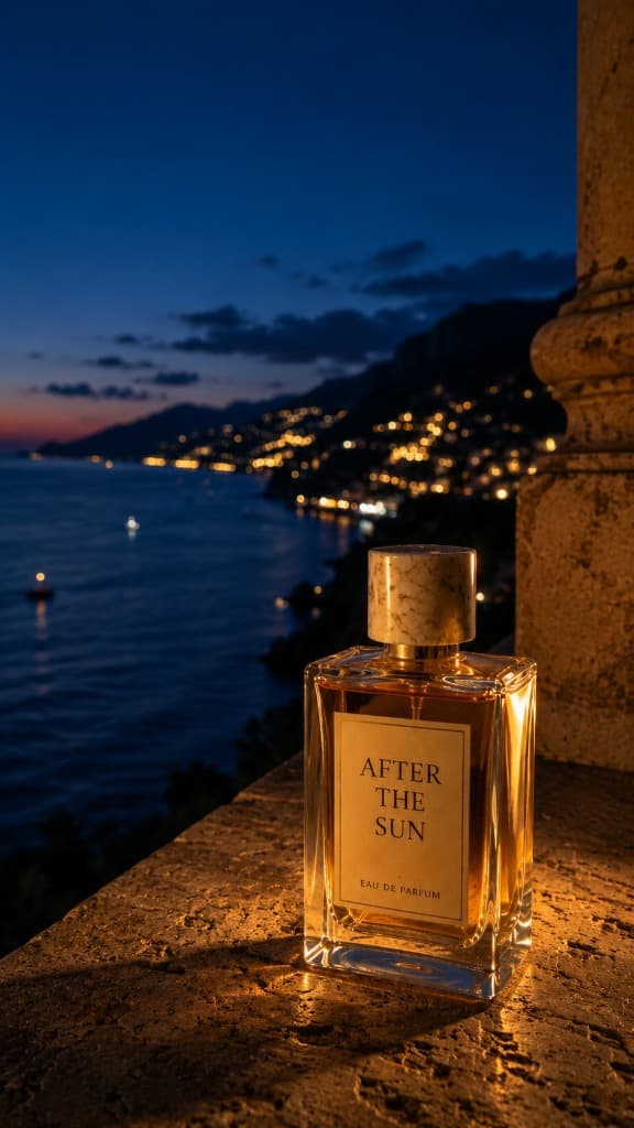 After the Sun fragrance bottle overlooking an illuminated Mediterranean coastline at night