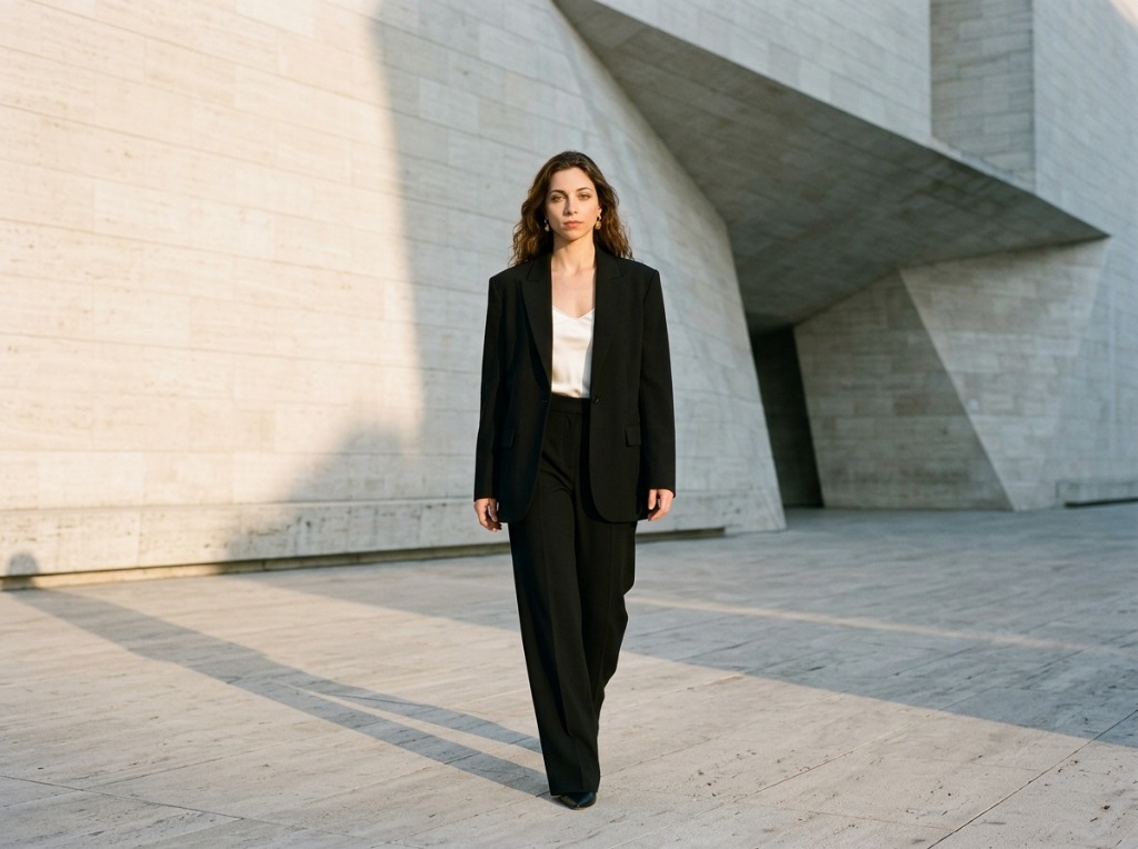 Giulia Bertoni wearing black tailoring in contemporary Milanese architecture