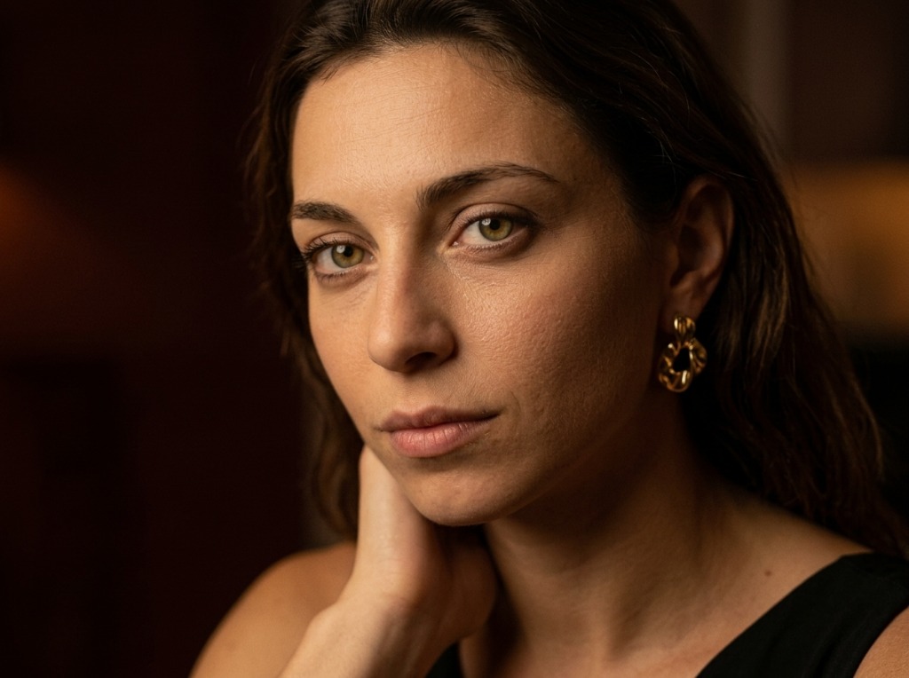 Close beauty portrait of Giulia Bertoni wearing sculptural gold jewelry