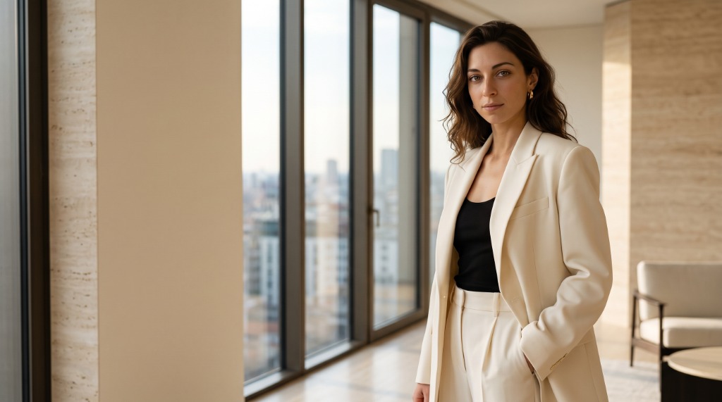 Giulia Bertoni — Italian Virtual Talent in a tailored cream suit in an Italian luxury penthouse